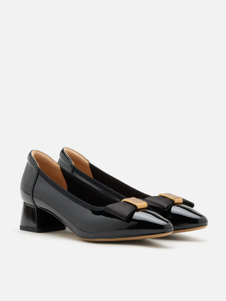 PAZZION, Berkely Bow-Embellished Patent Leather Heels, Black