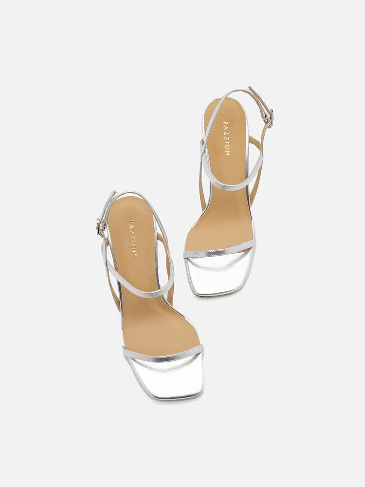 PAZZION, Betsey Metallic Sandal Heels, Silver