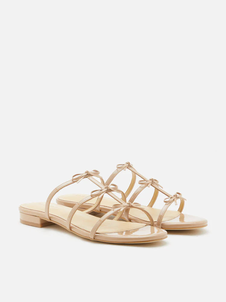 PAZZION, Elena Bow Cage Patent Leather Slides, Almond