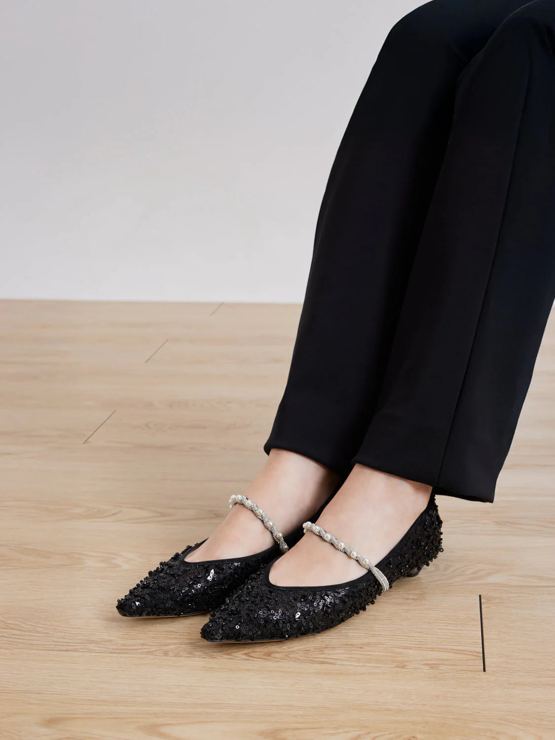 PAZZION, Jemima Embellished Mesh Pointed Toe Flats, Black