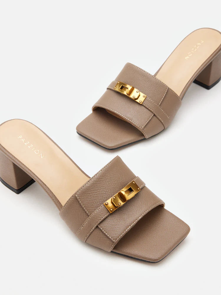 PAZZION, Lexley Twist Lock Accent Sandal Heels, Khaki