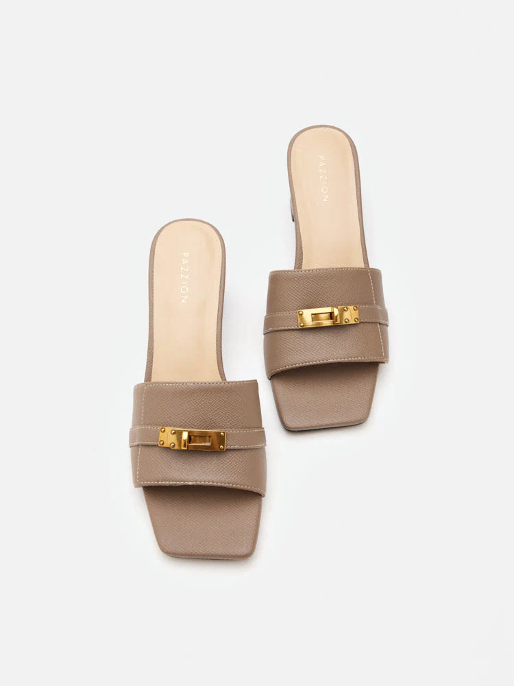 PAZZION, Lexley Twist Lock Accent Sandal Heels, Khaki