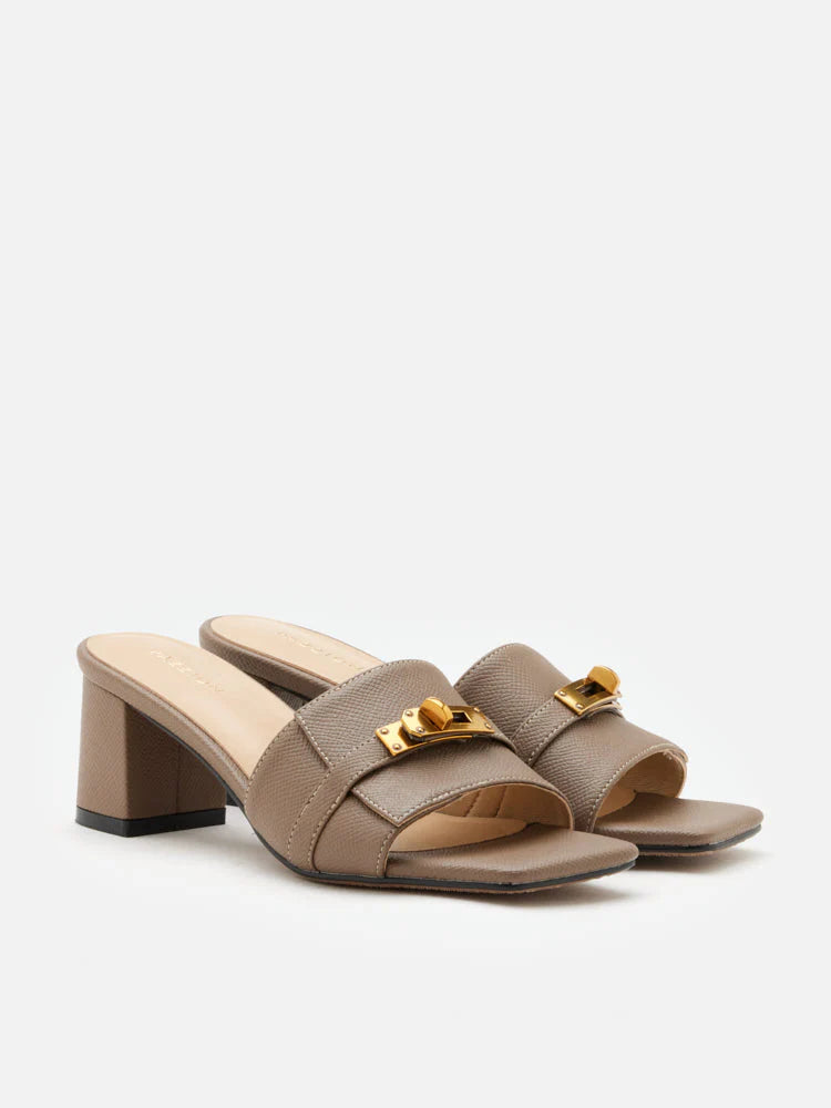 PAZZION, Lexley Twist Lock Accent Sandal Heels, Khaki
