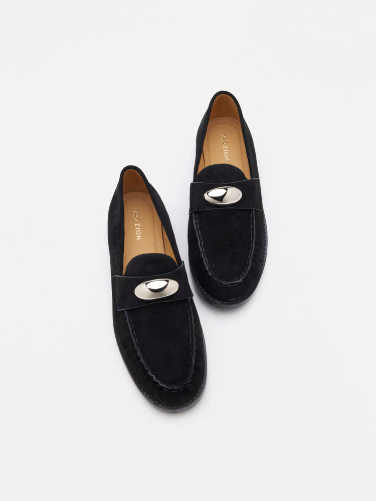 PAZZION, Lilibet Suede Metal-Buckle Loafers, Black