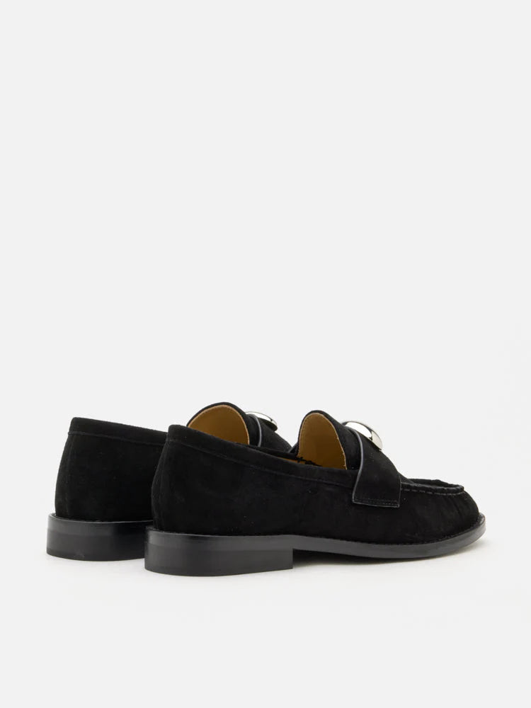 PAZZION, Lilibet Suede Metal-Buckle Loafers, Black