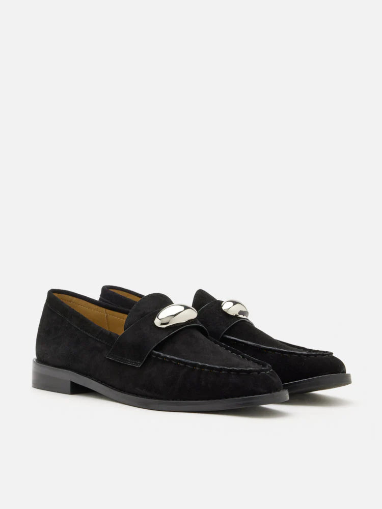 PAZZION, Lilibet Suede Metal-Buckle Loafers, Black