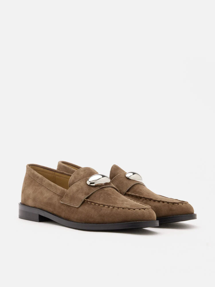 PAZZION, Lilibet Suede Metal-Buckle Loafers, Khaki