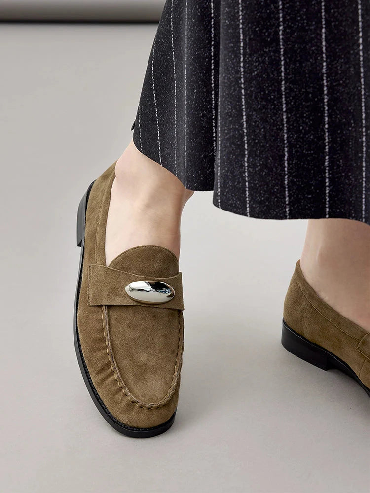 PAZZION, Lilibet Suede Metal-Buckle Loafers, Khaki