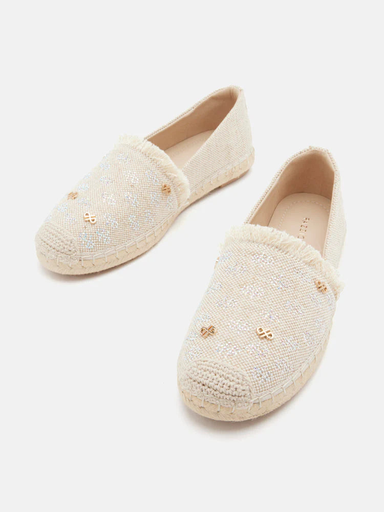 PAZZION, Maggie Monogram Frayed Espadrilles, Beige