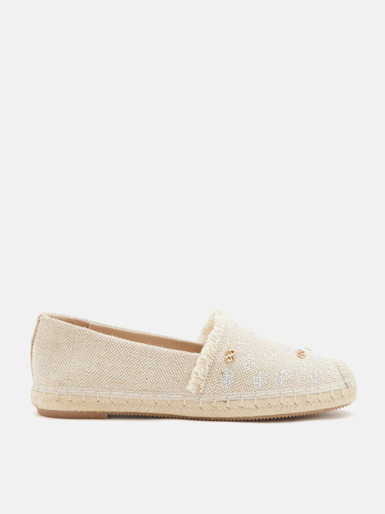 PAZZION, Maggie Monogram Frayed Espadrilles, Beige