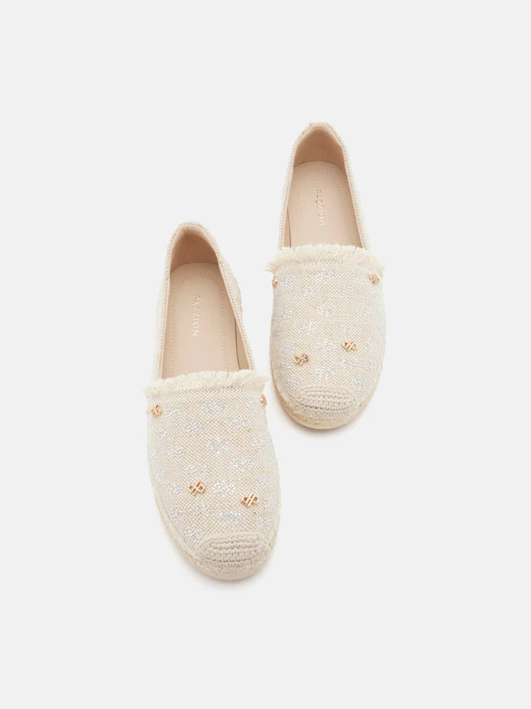 PAZZION, Maggie Monogram Frayed Espadrilles, Beige