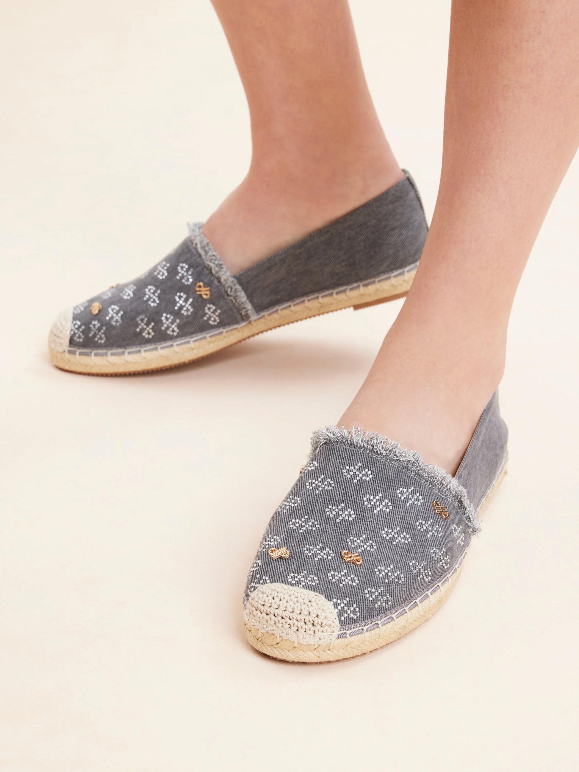 PAZZION, Maggie Monogram Frayed Espadrilles, Grey