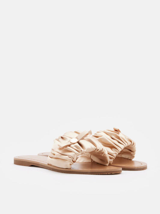 PAZZION, Maribel Ruched Satin Slide Sandals, Almond