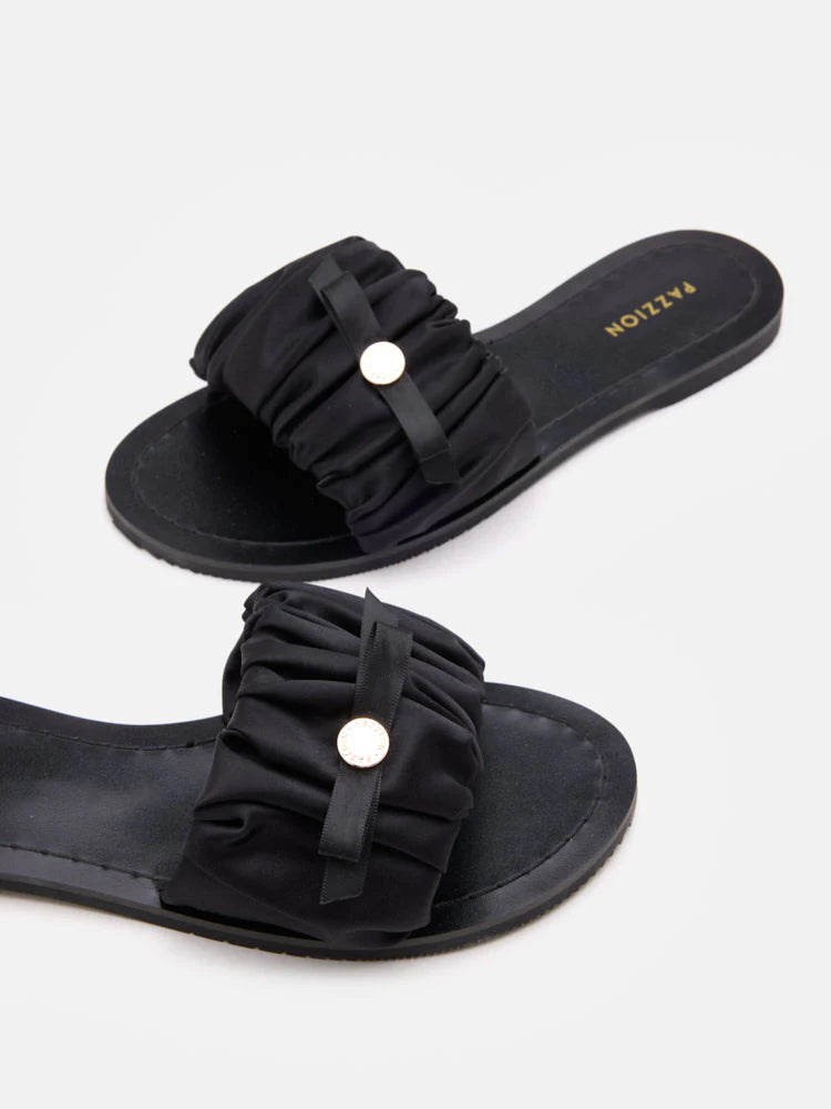 PAZZION, Maribel Ruched Satin Slide Sandals, Black