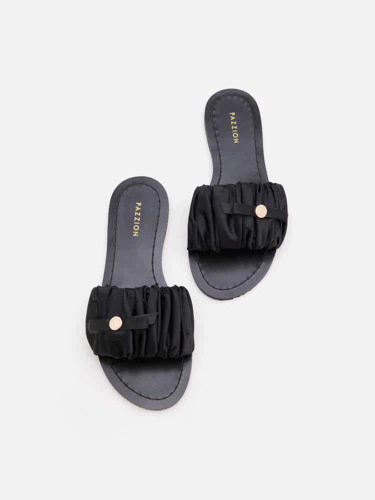 PAZZION, Maribel Ruched Satin Slide Sandals, Black