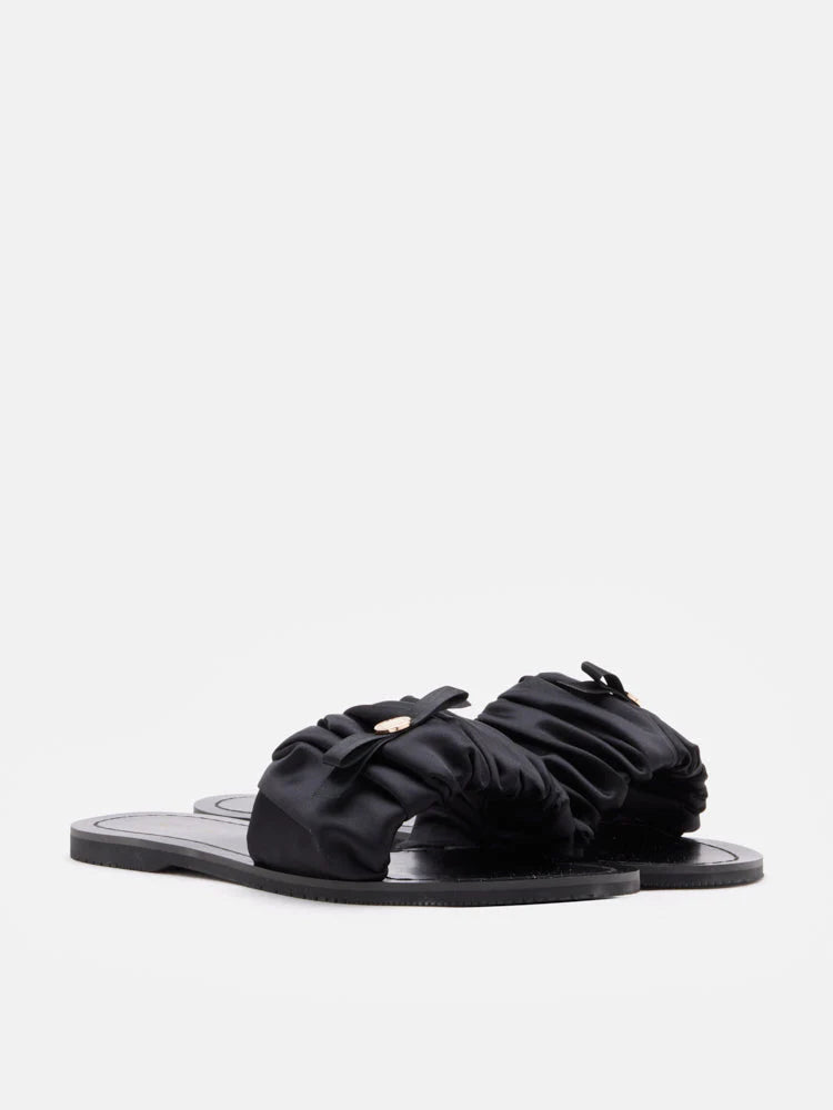 PAZZION, Maribel Ruched Satin Slide Sandals, Black