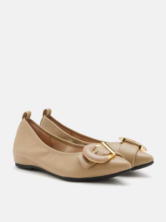 PAZZION, Megan Buckle Pointed Toe Flats, Almond