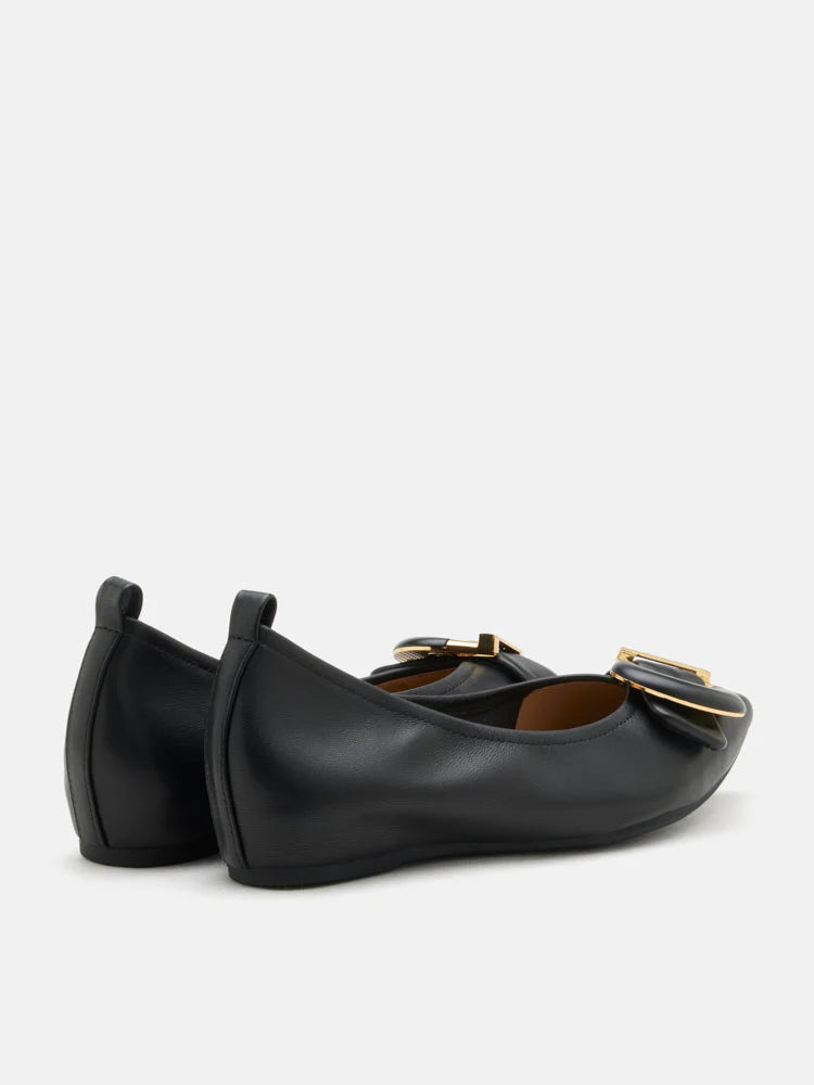 PAZZION, Megan Buckle Pointed Toe Flats, Black