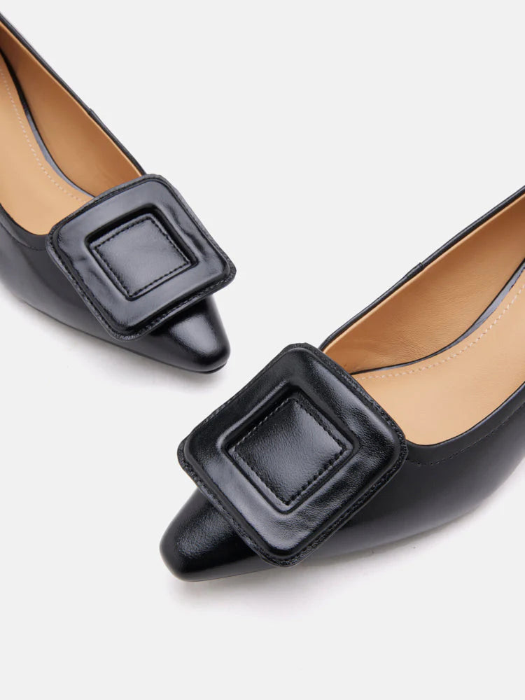 PAZZION, Orelia Square Buckle Pointed Toe Pumps, Black
