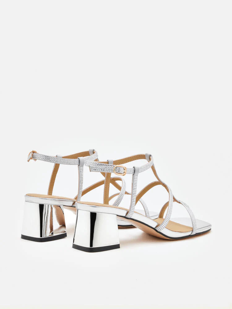 PAZZION, Rumi Crystal Embellished Strappy Sandal Heels, Silver