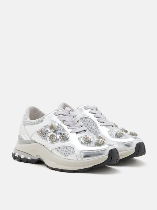 PAZZION, Seraphine Sequinned Blooms Sneakers, Silver