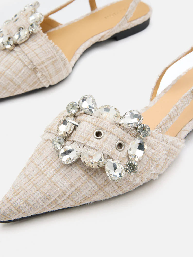 PAZZION, Sofie Tweed Diamante Buckle Slingback Flats, Almond