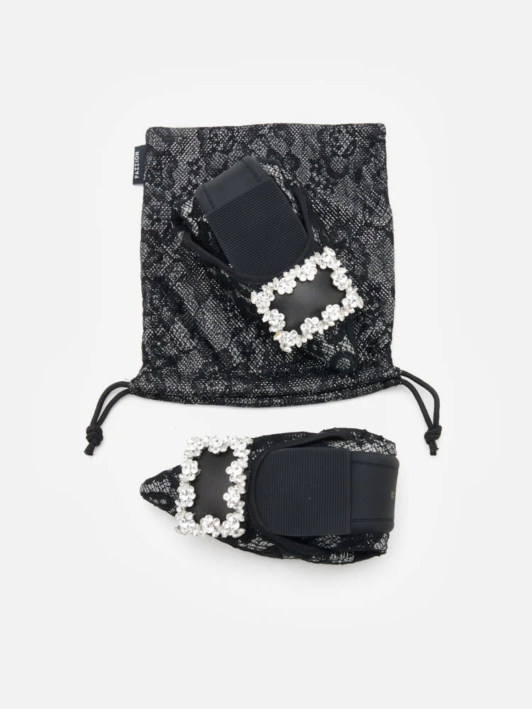 PAZZION, Stella Lace Diamante Buckle Foldable Flats, Pewter