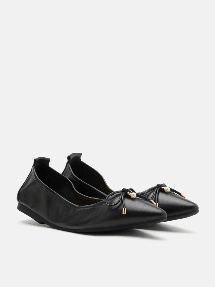 PAZZION, Yara Pearl Bow Pointed Toe Foldable Flats, Black