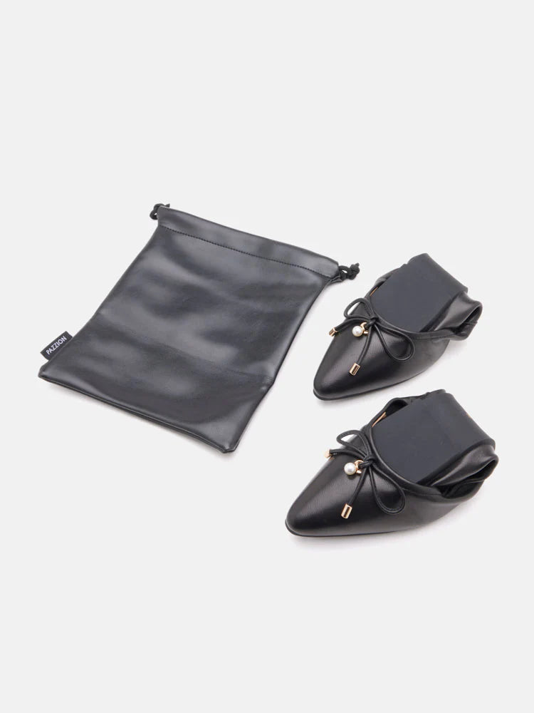 PAZZION, Yara Pearl Bow Pointed Toe Foldable Flats, Black
