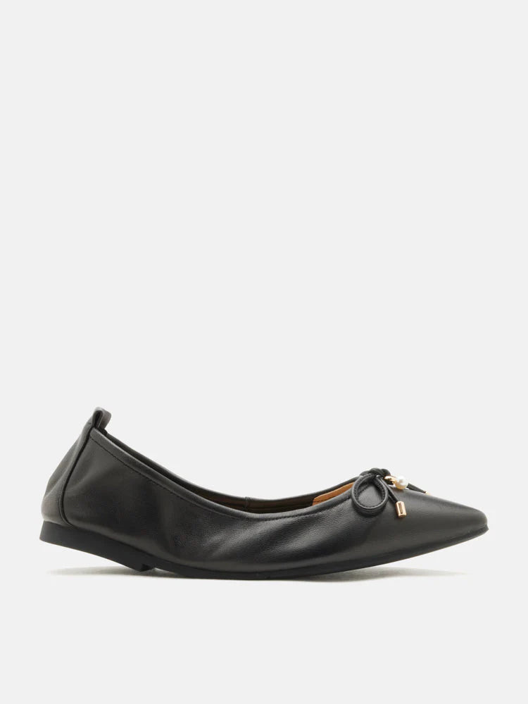 PAZZION, Yara Pearl Bow Pointed Toe Foldable Flats, Black