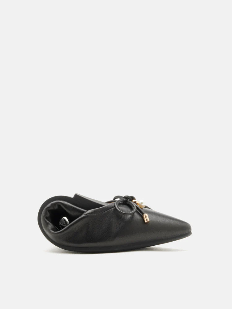 PAZZION, Yara Pearl Bow Pointed Toe Foldable Flats, Black