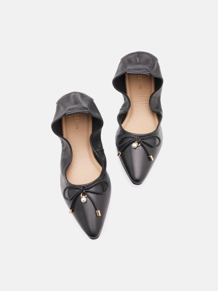 PAZZION, Yara Pearl Bow Pointed Toe Foldable Flats, Black