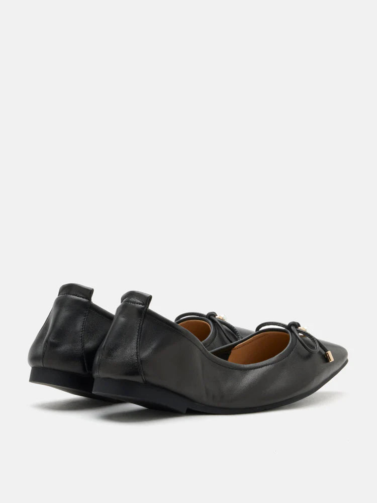 PAZZION, Yara Pearl Bow Pointed Toe Foldable Flats, Black