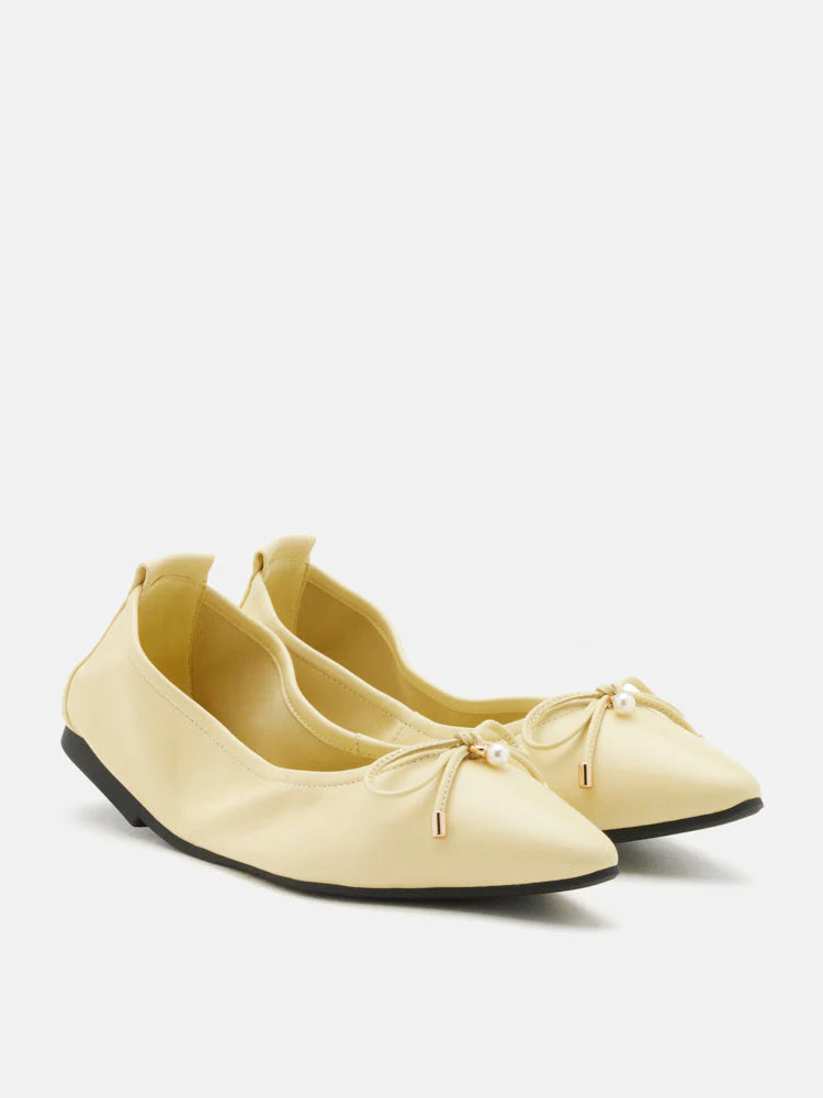 PAZZION, Yara Pearl Bow Pointed Toe Foldable Flats, Lightyellow