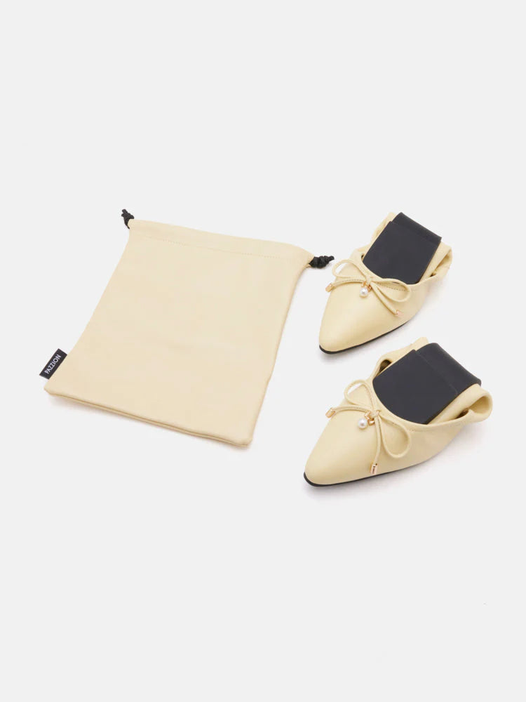 PAZZION, Yara Pearl Bow Pointed Toe Foldable Flats, Lightyellow