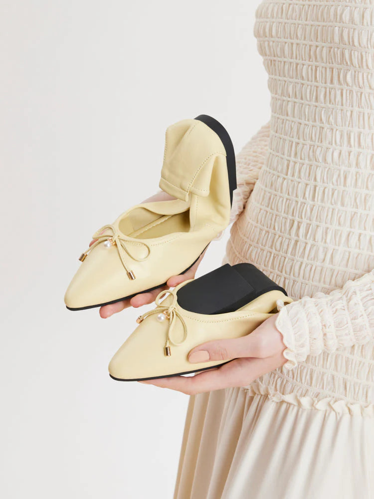 PAZZION, Yara Pearl Bow Pointed Toe Foldable Flats, Lightyellow