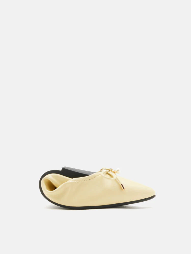 PAZZION, Yara Pearl Bow Pointed Toe Foldable Flats, Lightyellow