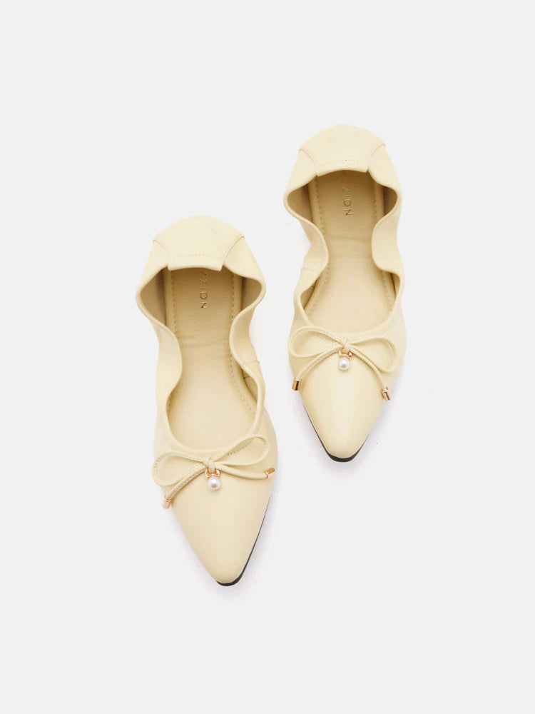 PAZZION, Yara Pearl Bow Pointed Toe Foldable Flats, Lightyellow