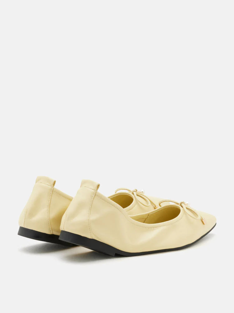 PAZZION, Yara Pearl Bow Pointed Toe Foldable Flats, Lightyellow