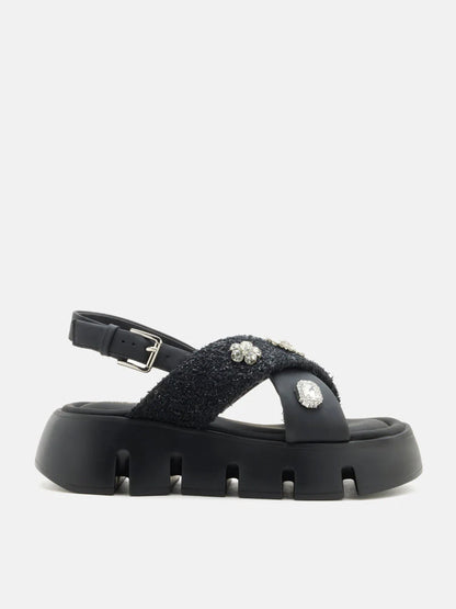 PAZZION, Abigail Embellished Criss-Cross Platform Sandals, Black