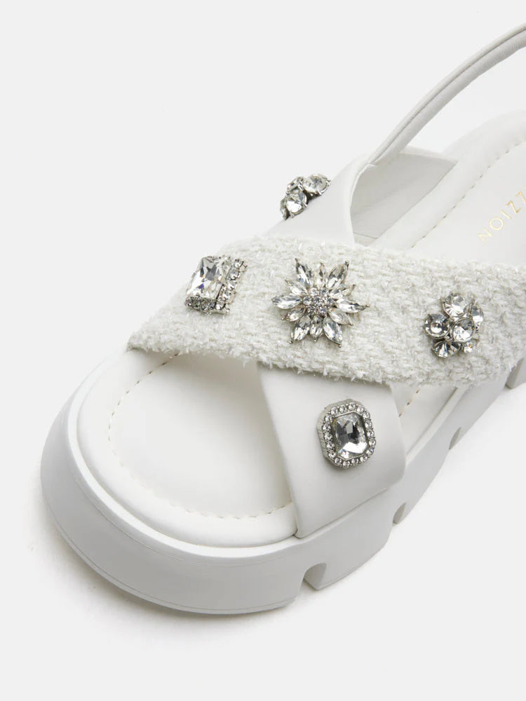 PAZZION, Abigail Embellished Criss-Cross Platform Sandals, White