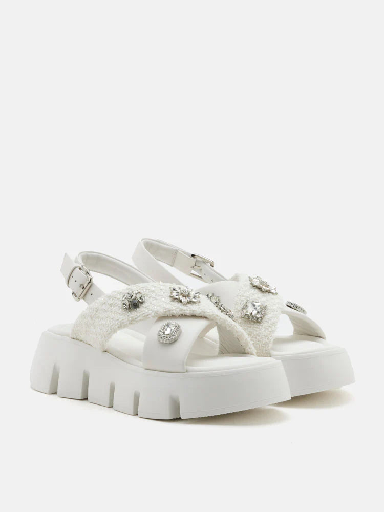 PAZZION, Abigail Embellished Criss-Cross Platform Sandals, White