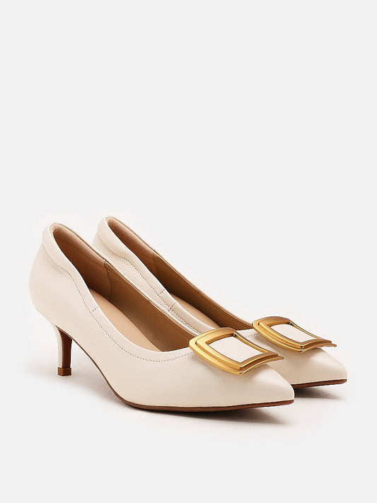 PAZZION, Adele Decollate Oversize Chrome Buckle Pumps, Beige