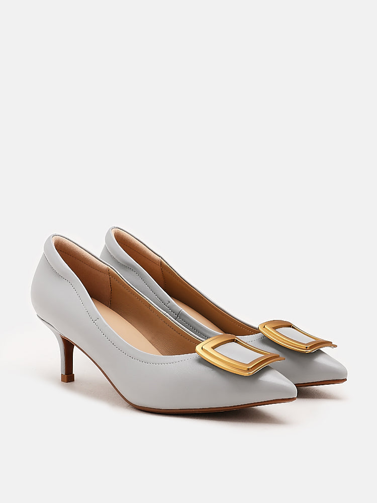PAZZION, Adele Decollate Oversize Chrome Buckle Pumps, Grey