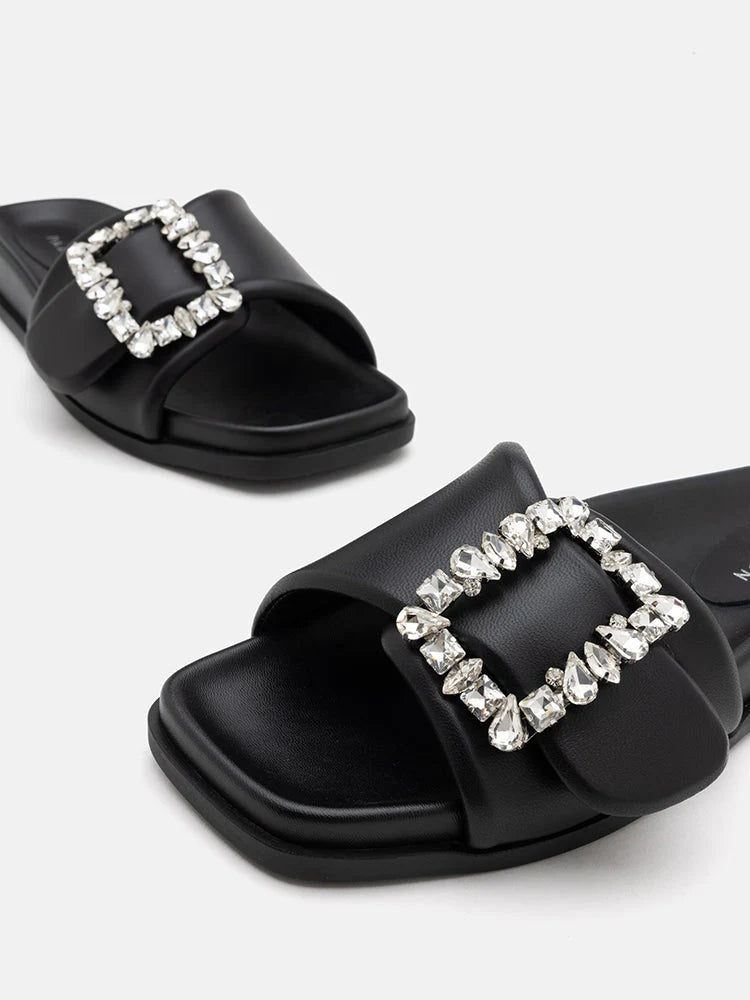 PAZZION, Adira Crystal Embellished Buckle Slide Sandals, Black