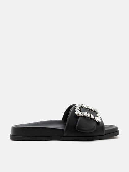 PAZZION, Adira Crystal Embellished Buckle Slide Sandals, Black