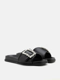 PAZZION, Adira Crystal Embellished Buckle Slide Sandals, Black