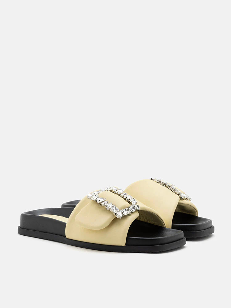 PAZZION, Adira Crystal Embellished Buckle Slide Sandals, Yellow