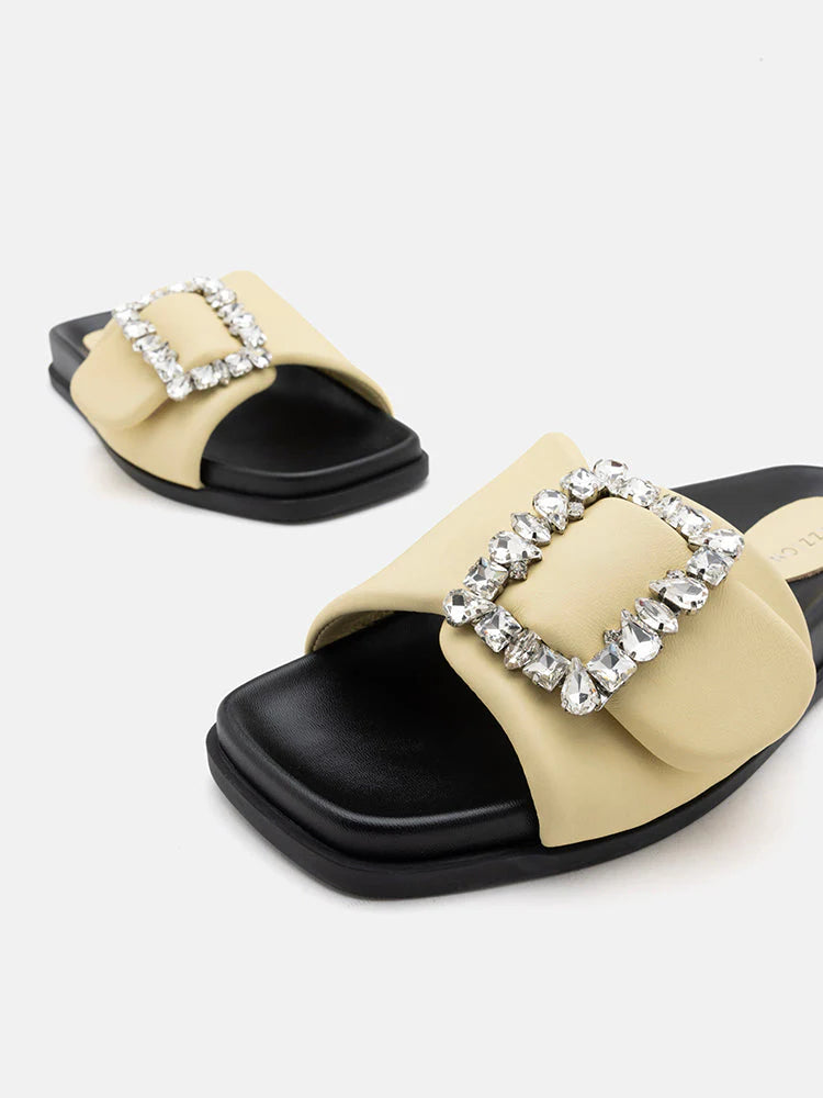 PAZZION, Adira Crystal Embellished Buckle Slide Sandals, Yellow