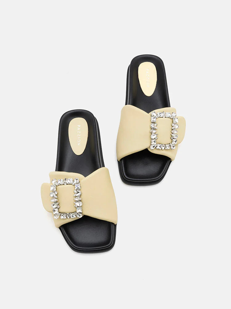 PAZZION, Adira Crystal Embellished Buckle Slide Sandals, Yellow